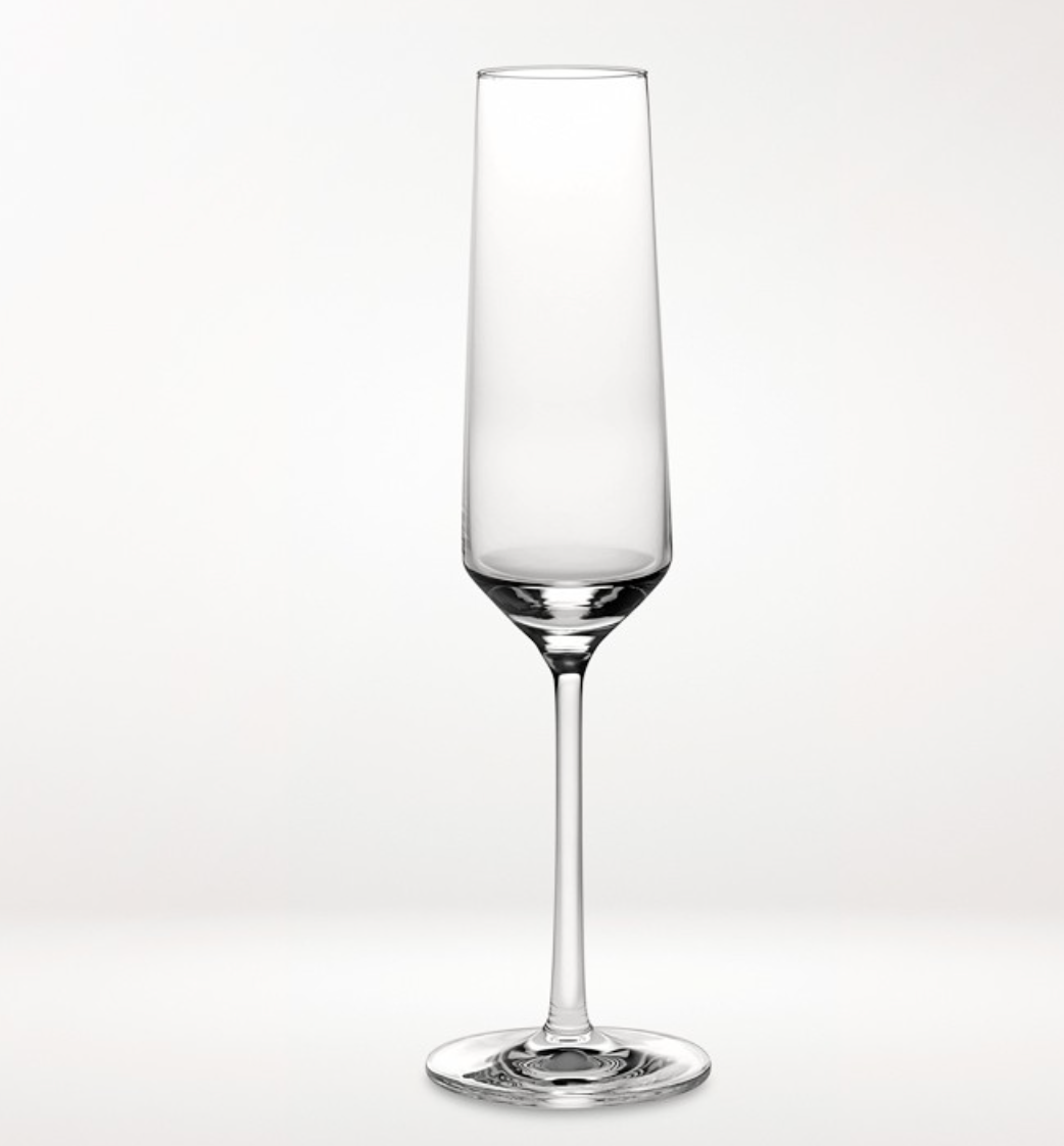 The Zwiesel Fortessa Zweisel Pure Barware champagne flute, made from Tritan material with a tall bowl and long stem, stands upright against a plain white background.