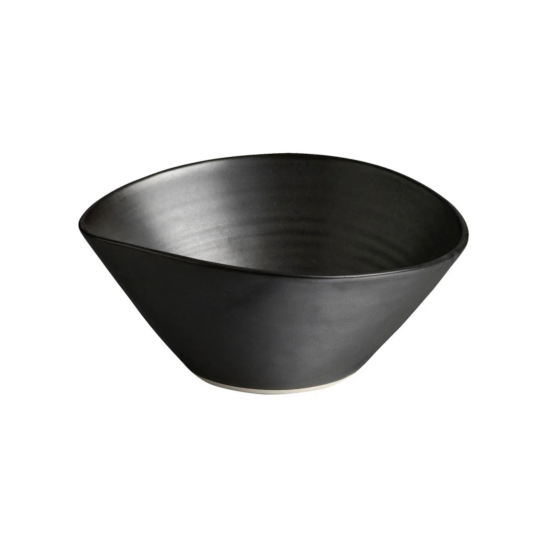 The Simon Pearce Barre Dinnerware Slate is a black stoneware bowl with a wide opening, slightly tapered base, and smooth matte finish—an elegant addition to any modern dinnerware set.