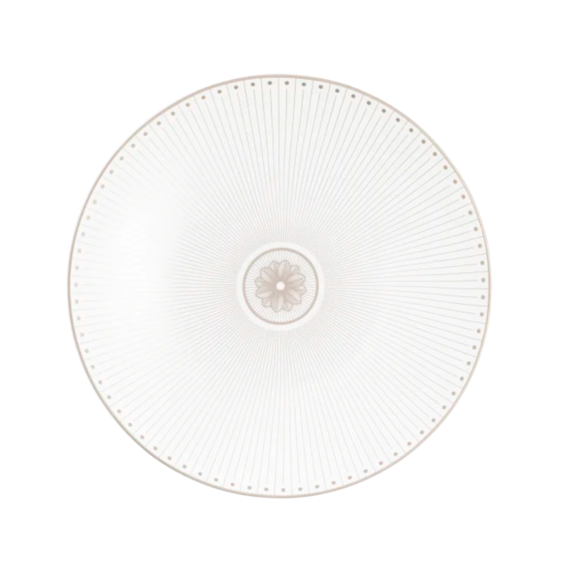 The Malmaison Imperiale Porcelain Dinnerware Platinum by Christofle is a round white plate featuring thin radiating lines, a subtle central beige floral pattern, and a dotted beige rim.
