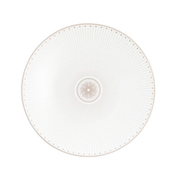 The Malmaison Imperiale Porcelain Dinnerware Platinum by Christofle is a round white plate featuring thin radiating lines, a subtle central beige floral pattern, and a dotted beige rim.