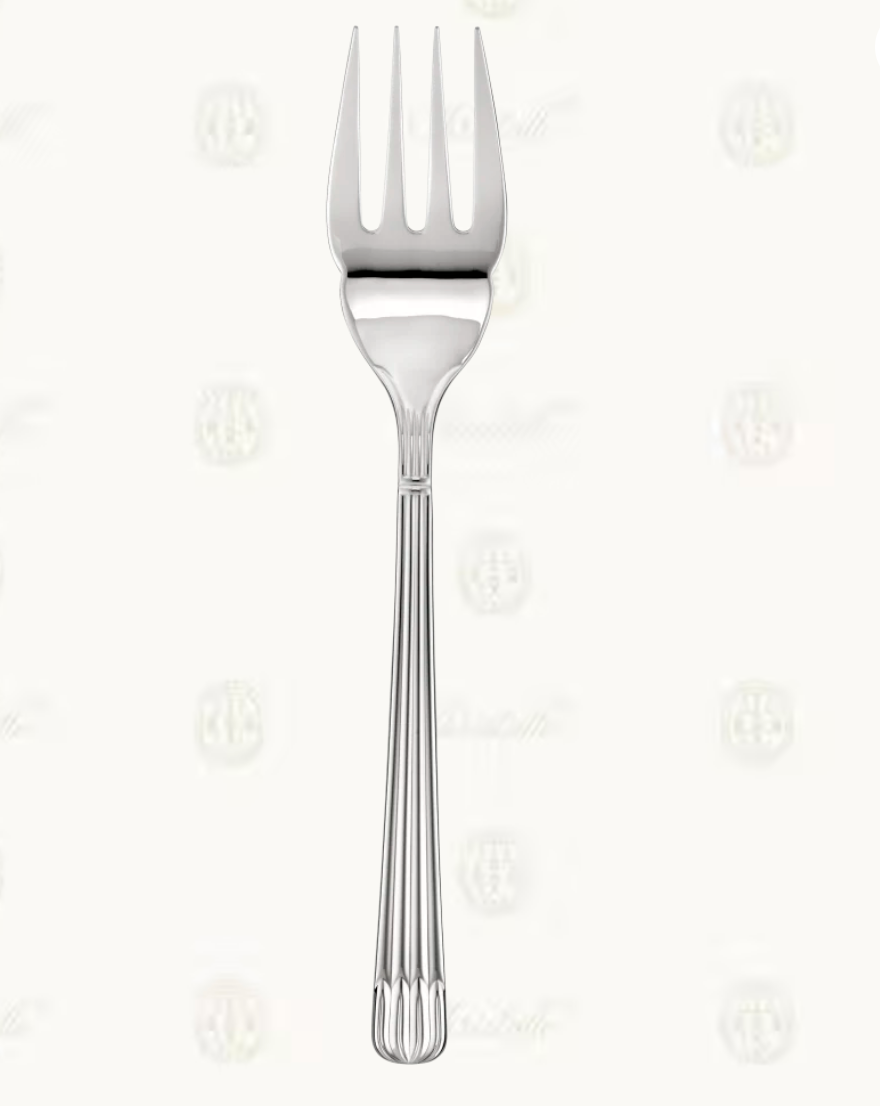 The Christofle Osiris Stainless Steel Serving Fork features four wide tines and a grooved handle, showcased elegantly against a plain white background.