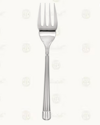 The Christofle Osiris Stainless Steel Serving Fork features four wide tines and a grooved handle, showcased elegantly against a plain white background.