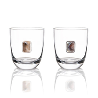 The Elevo DOF Glasses Smoke Set of 2 by Anna New York features lead-free crystal glasses with a rectangular stone embedded in each side, displayed on a white background with reflective surfaces.