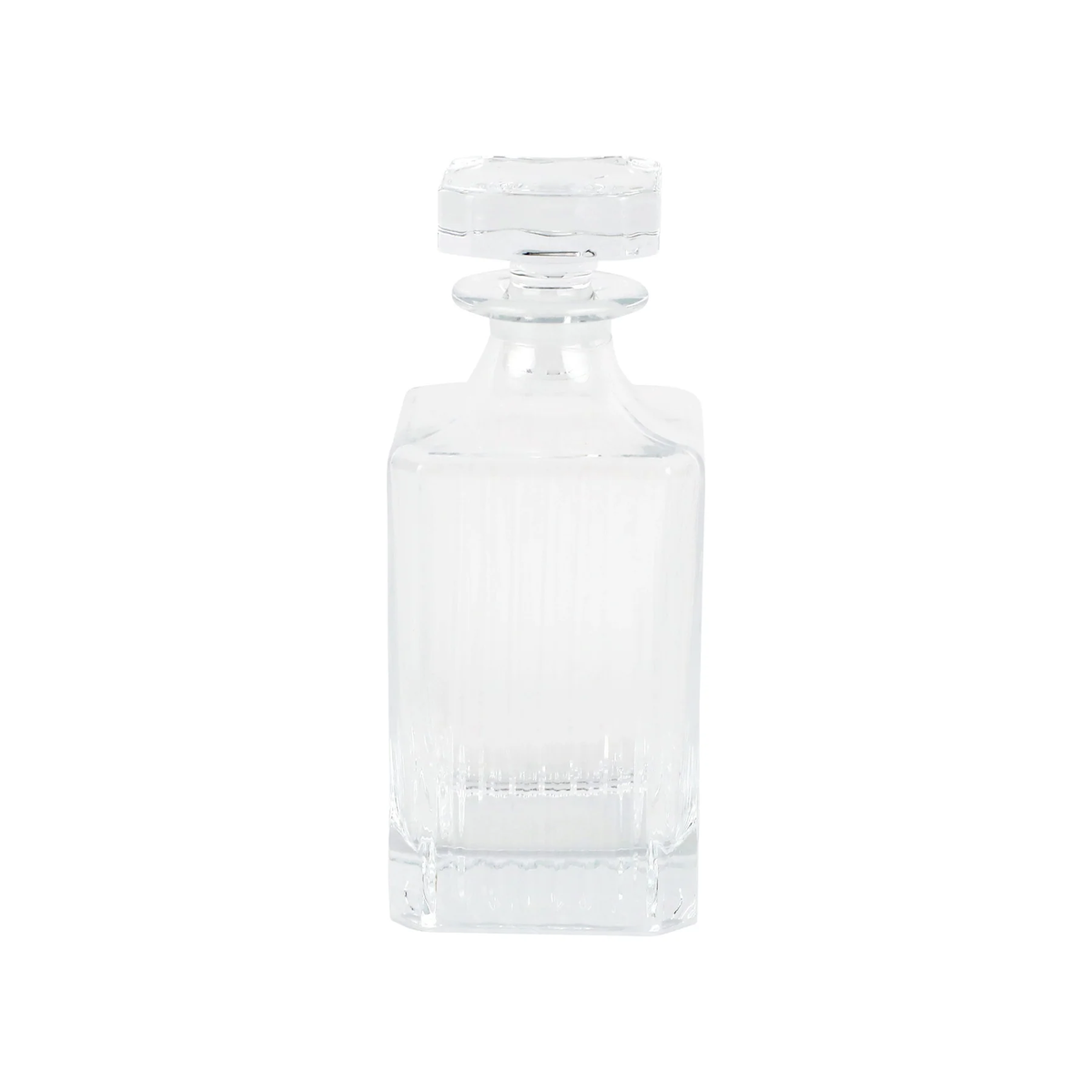 The Vietri Natalia Decanter, an Italian glass decanter with a square base and matching stopper, is perfect for elevating your bar. Shown against a plain white background.