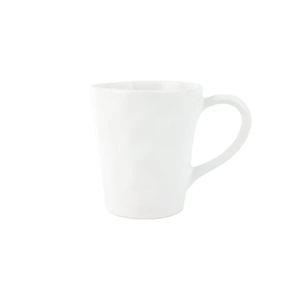 A plain white ceramic mug with a handle, shown against a white background—perfect to pair with your favorite Vietri Aria Dinnerware.