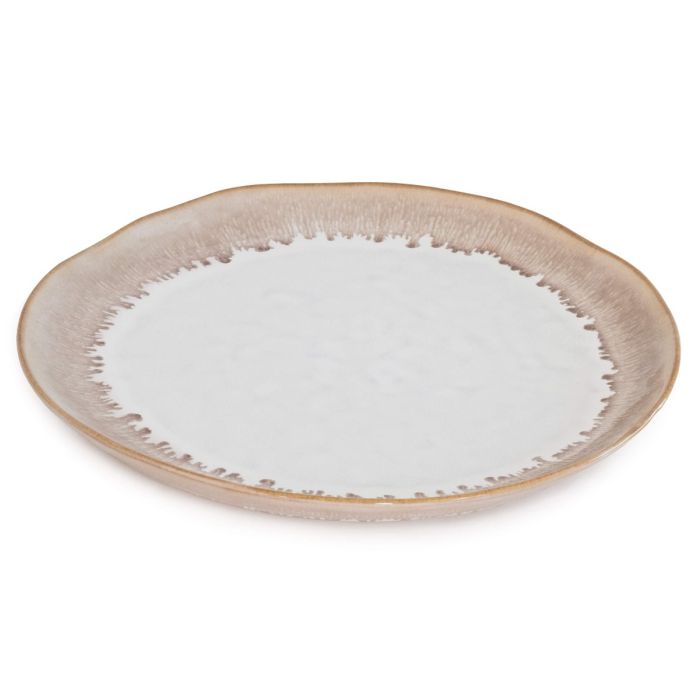 The Simon Pearce Burlington Dinnerware Bluff is a round ceramic plate with a white center and beige textured rim, featuring an organic, handcrafted look for rustic charm.
