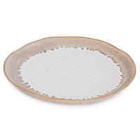 The Simon Pearce Burlington Dinnerware Bluff is a round ceramic plate with a white center and beige textured rim, featuring an organic, handcrafted look for rustic charm.