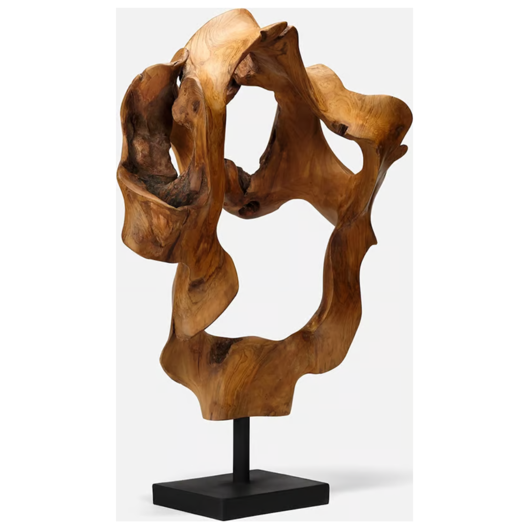 The Marcianus Sculpture Teak 20" by Made Goods features a natural, twisted, hollow teak design on a black rectangular base, creating a striking handmade piece perfect for modern interiors.
