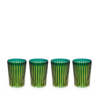 The L'Objet Prism Highball Set of 4 features stylish, dishwasher-safe glasses with a subtle green tint and vertical ribbed pattern, arranged in a row against a white background—perfect for adding elegance to any table setting.