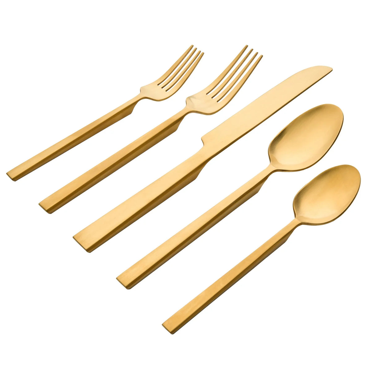 The Ricci Hover Flatware 5 Piece Setting in matte gold features a dinner fork, salad fork, knife, tablespoon, and teaspoon with sleek 18/10 stainless steel handles, arranged in a row on a white background.
