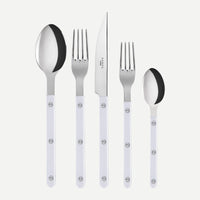 The Sabre Bistrot Pearly 5 Piece Setting - Shiny, part of the renowned Bistrot collection and expertly crafted in France, features a tables­poon, table fork, dinner knife, salad fork, and teaspoon. Each piece boasts a shiny metal head paired with an elegant mother of pearl handle adorned with three silver rivets. The set is artfully arranged in a row against a white background, embodying timeless style and exceptional craftsmanship.