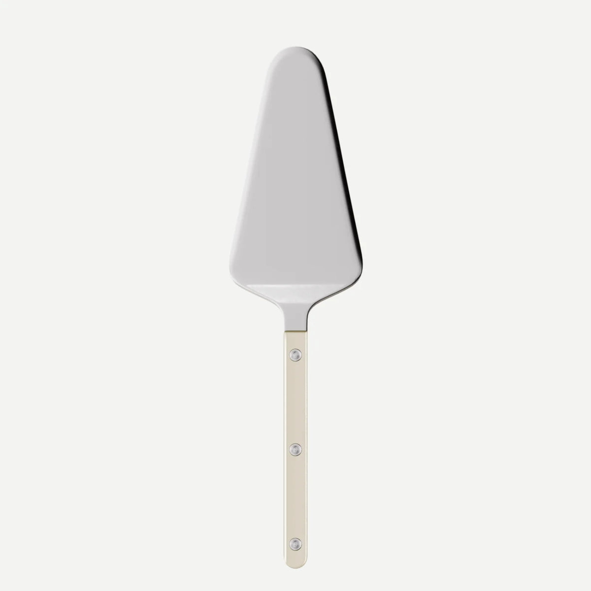 The Sabre Bistro Pearly Shiny Tart Server—a metal pie server from the Bistrot cutlery collection—features a triangular silver blade and a beige handle with three visible rivets, shown on a plain white background.