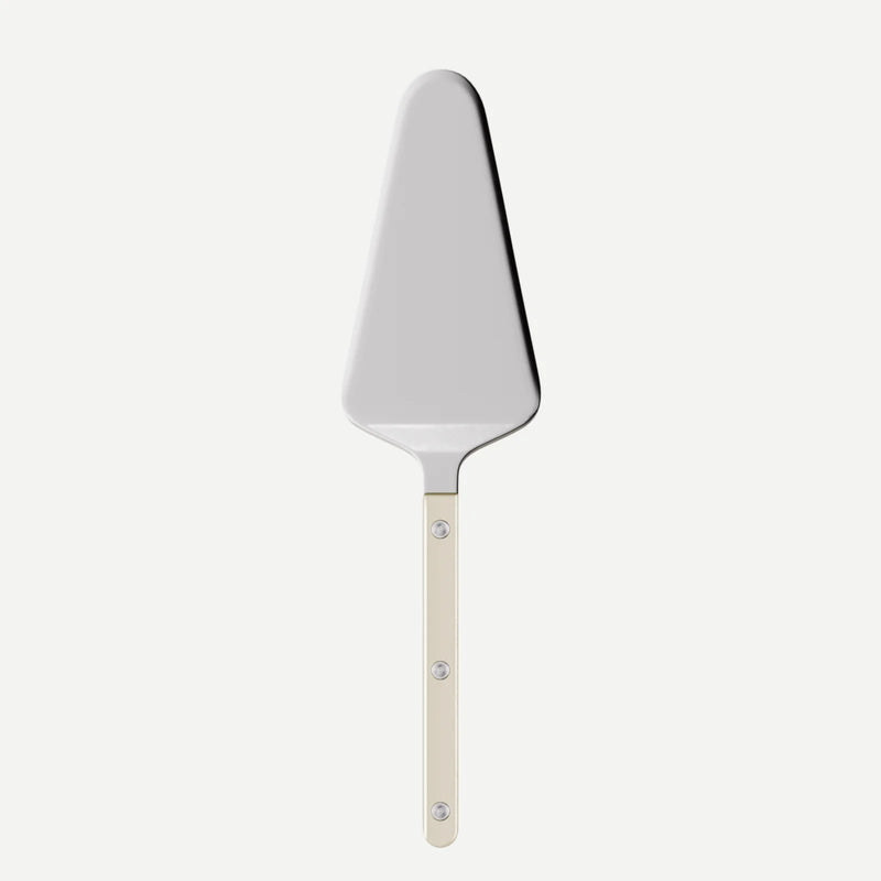 The Sabre Bistro Pearly Shiny Tart Server—a metal pie server from the Bistrot cutlery collection—features a triangular silver blade and a beige handle with three visible rivets, shown on a plain white background.