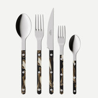 The Sabre Bistro Dune Flatware 5 Piece Setting includes a tablespoon, dinner fork, steak knife, salad fork, and teaspoon with glossy black and brown marbled handles and silver rivets, crafted from 18/10 stainless steel for French bistro flair.