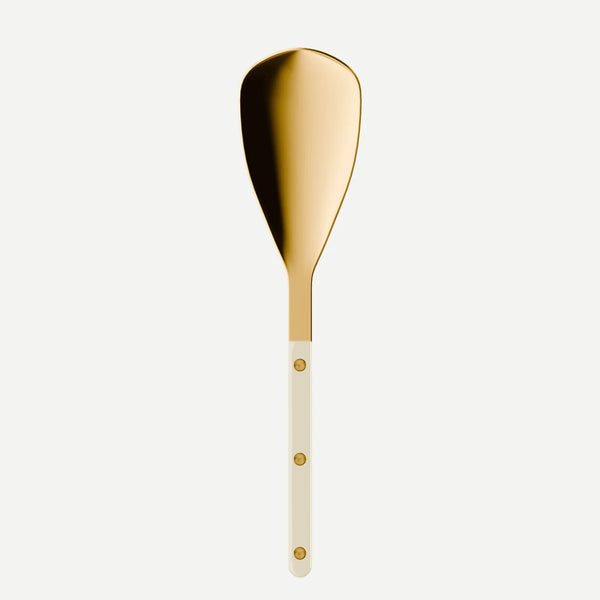Introducing the Sabre Bistrot Gold Pearly Rice Spoon – Pearl, featuring a pearly cream-colored handle adorned with three gold rivets and a gold-toned metal spoon, elegantly displayed on a plain white background.
