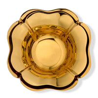 Aerin’s Olivia Nesting Bowls Set of 2 features a shiny, gold-toned, flower-shaped design with petal-inspired edges, viewed from above against a white background.