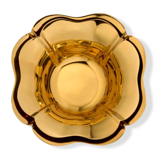 Aerin’s Olivia Nesting Bowls Set of 2 features a shiny, gold-toned, flower-shaped design with petal-inspired edges, viewed from above against a white background.