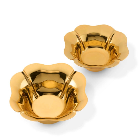 The Olivia Nesting Bowls Set of 2 by Aerin features shiny brass with scalloped, petal-like edges and a reflective finish, making them an elegant Art Deco accent or decorative desk organizer.