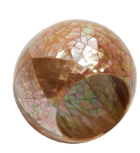 The Shell Pearl Rose Napkin Ring Set of 4 by Von Gern Home features polished spherical rings with an iridescent mosaic pattern in brown, pink, and gold and a cut-out curve that reveals the interior.