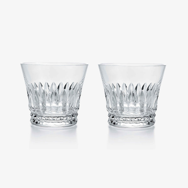 A pair of Everyday Tiara Tumblers by Baccarat, crafted from premium crystal glass with intricate cut patterns, are displayed side by side on a white background—an elegant gift for cocktail enthusiasts.