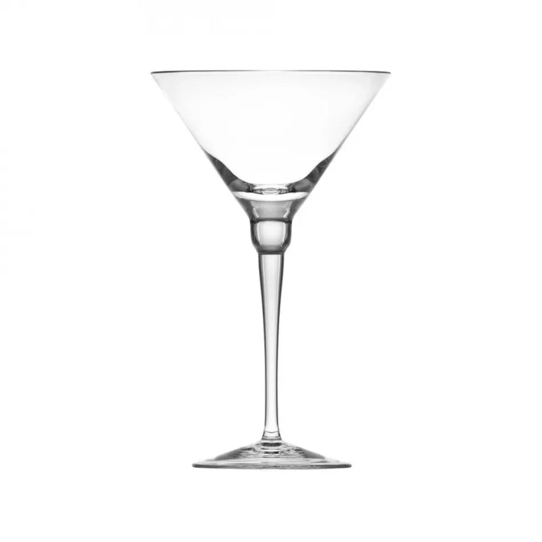 A clear Fluent Martini 260 ml glass by Moser, featuring a wide, shallow bowl and long stem, is displayed against a plain white background.