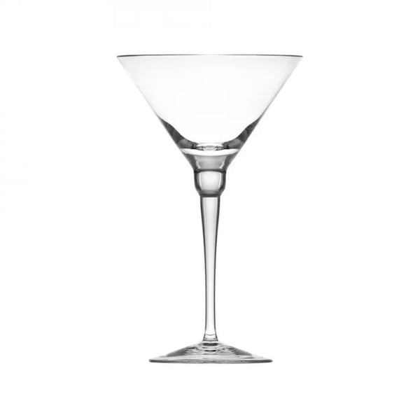 A clear Fluent Martini 260 ml glass by Moser, featuring a wide, shallow bowl and long stem, is displayed against a plain white background.