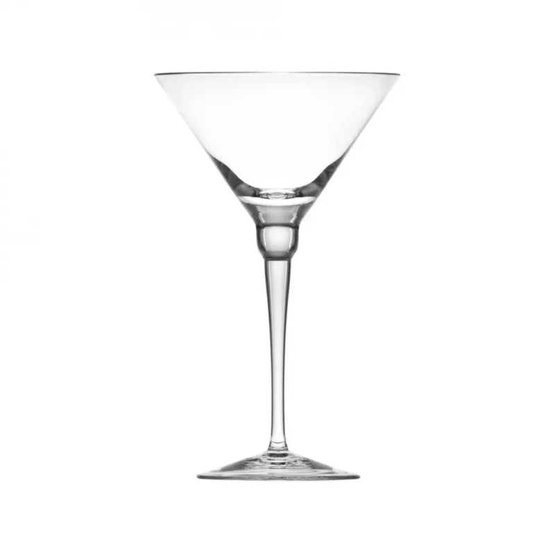 A clear Fluent Martini 260 ml glass by Moser, featuring a wide, shallow bowl and long stem, is displayed against a plain white background.
