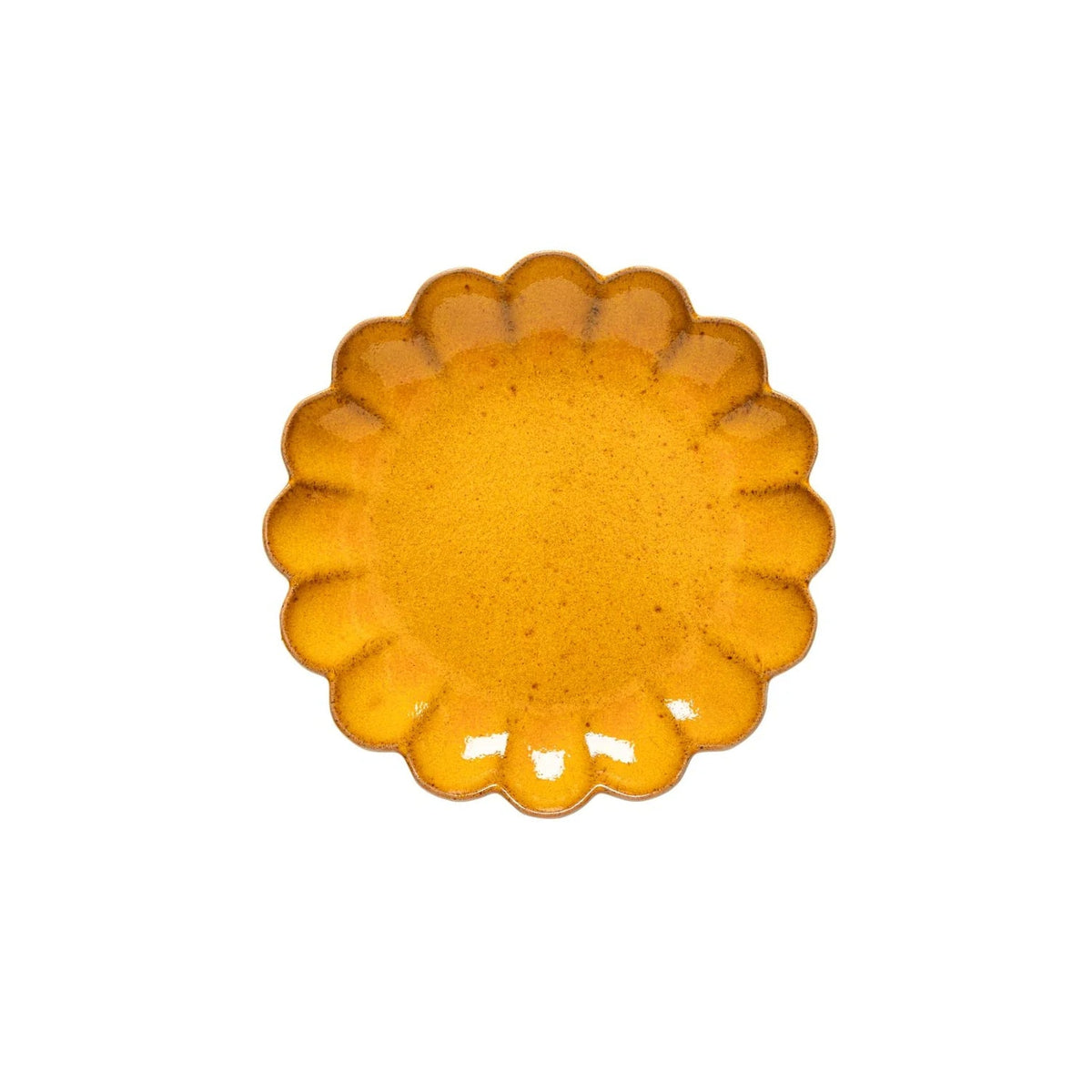 A Marrakesh Dinnerware Yellow plate by Casafina/Costa Nova, crafted from eco-stoneware with flower-like scalloped edges, is elegantly centered on a white background.
