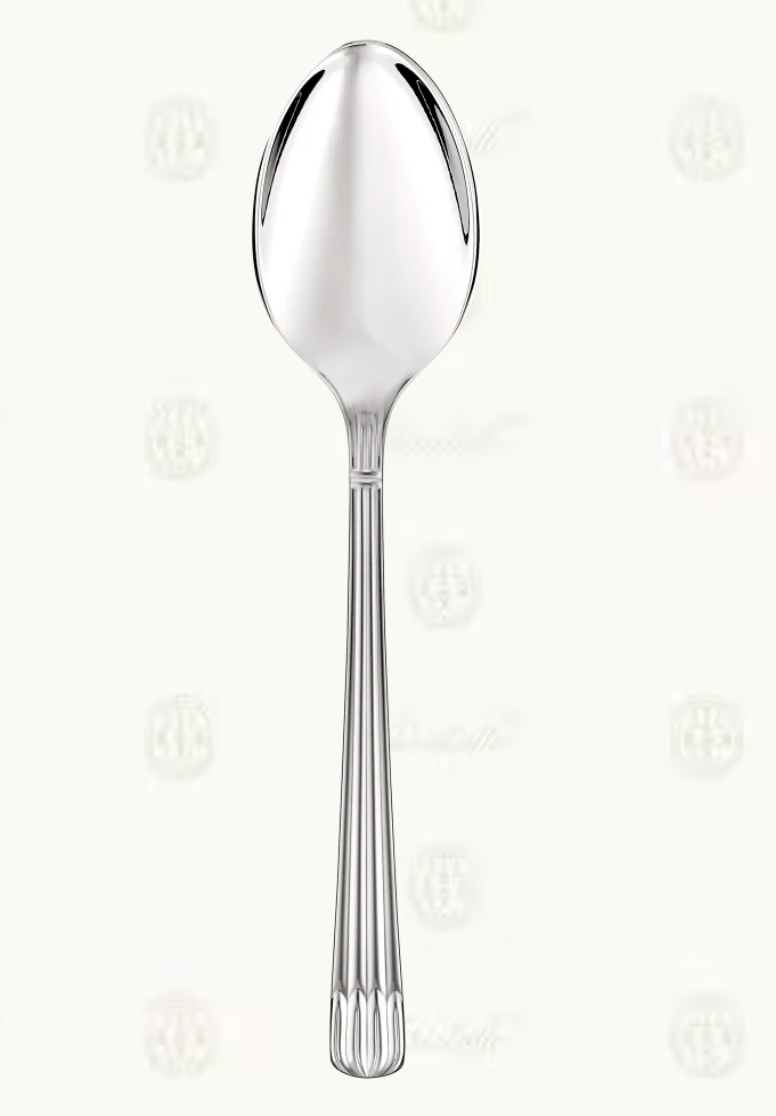 The Christofle Osiris Stainless Steel Serving Spoon features a rounded bowl and a handle with vertical papyrus-inspired grooves and a scalloped end, shown against a plain white background.