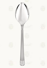 The Christofle Osiris Stainless Steel Serving Spoon features a rounded bowl and a handle with vertical papyrus-inspired grooves and a scalloped end, shown against a plain white background.