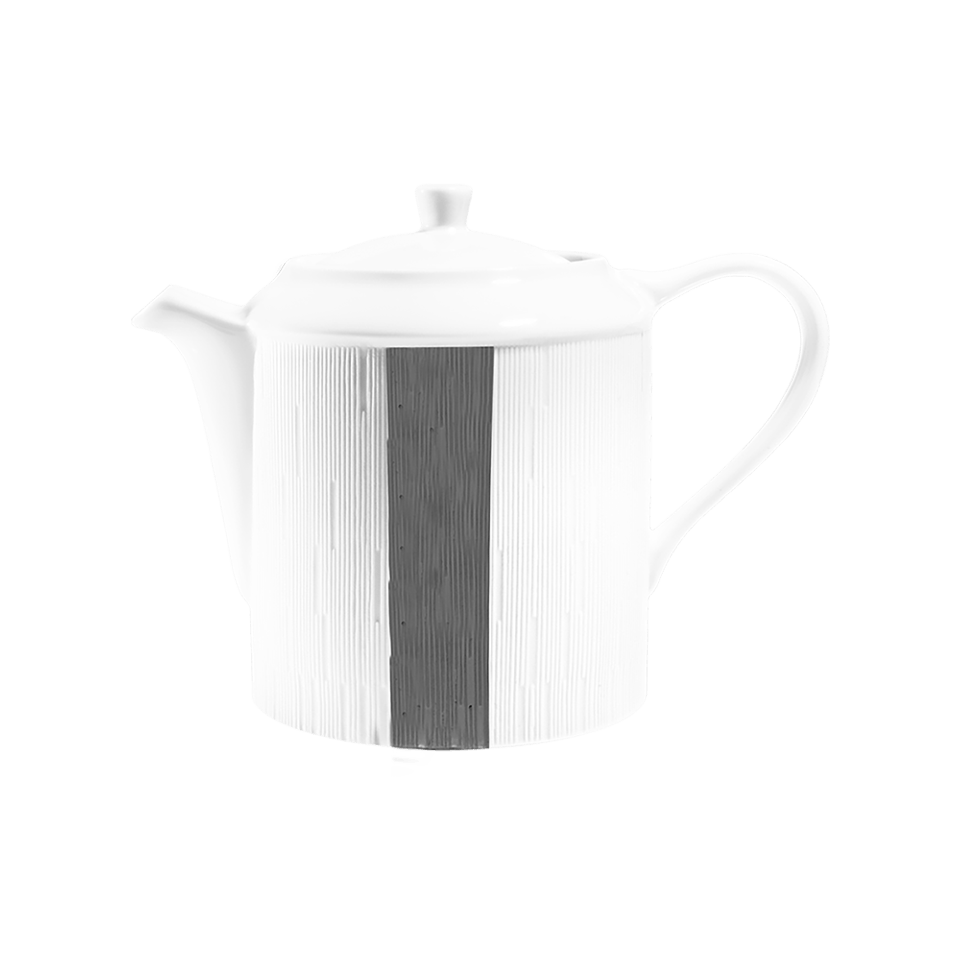 The Haviland Anthracite Infini Dinnerware Grey teapot features a central vertical black stripe and textured vertical lines on white Limoges porcelain, shown with its lid against a plain light background.