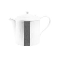 The Haviland Anthracite Infini Dinnerware Grey teapot features a central vertical black stripe and textured vertical lines on white Limoges porcelain, shown with its lid against a plain light background.