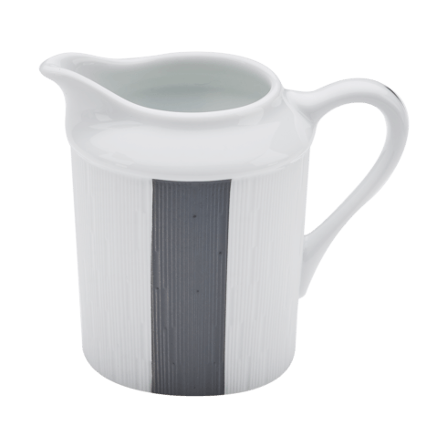 The Haviland Anthracite Infini Dinnerware Grey pitcher features white Limoges porcelain with a curved handle, spout, and a vertical dark gray stripe on one side, displayed against a white background.