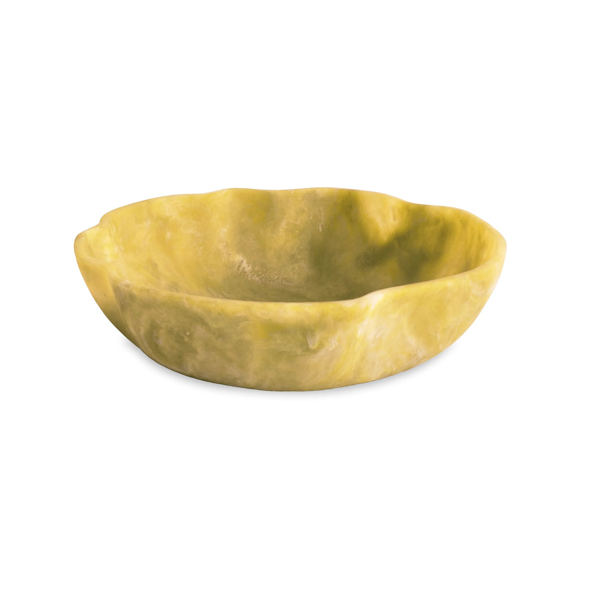 The Beatriz Ball Resin Sorbet Wavy Round Bowl Matcha 14" is a shallow, round bowl with an uneven rim and marbled yellow-green color, made of food-safe resin and shown on a white background.