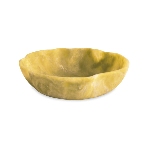 The Beatriz Ball Resin Sorbet Wavy Round Bowl Matcha 14" is a shallow, round bowl with an uneven rim and marbled yellow-green color, made of food-safe resin and shown on a white background.