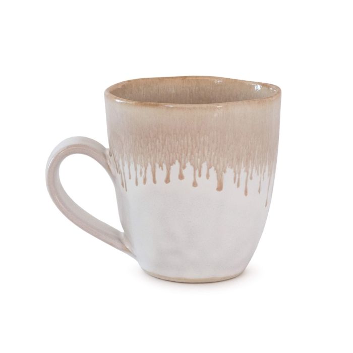 The Simon Pearce Burlington Dinnerware Bluff ceramic mug features a rounded shape, wide handle, and beige-over-white glaze, offering a handmade, rustic look inspired by Burlington dinnerware.