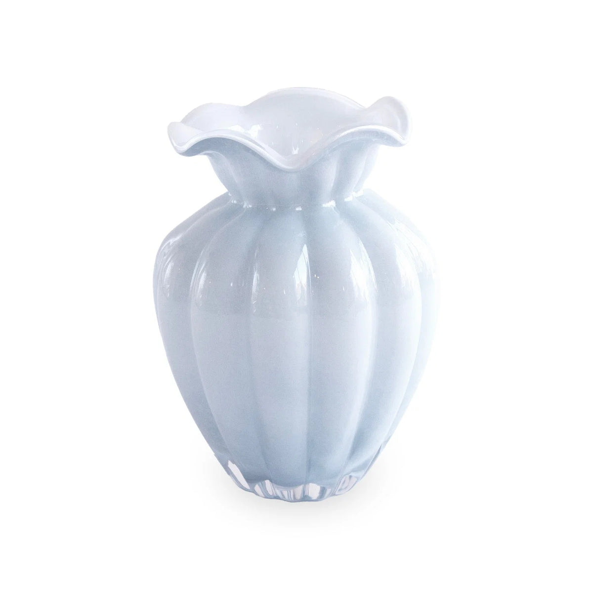 A glossy periwinkle Glass Vento Vase by Beatriz Ball, measuring 6.25 inches, features a scalloped flared rim and vertical ridges reminiscent of hand-blown decorative vases, set against a plain white background.