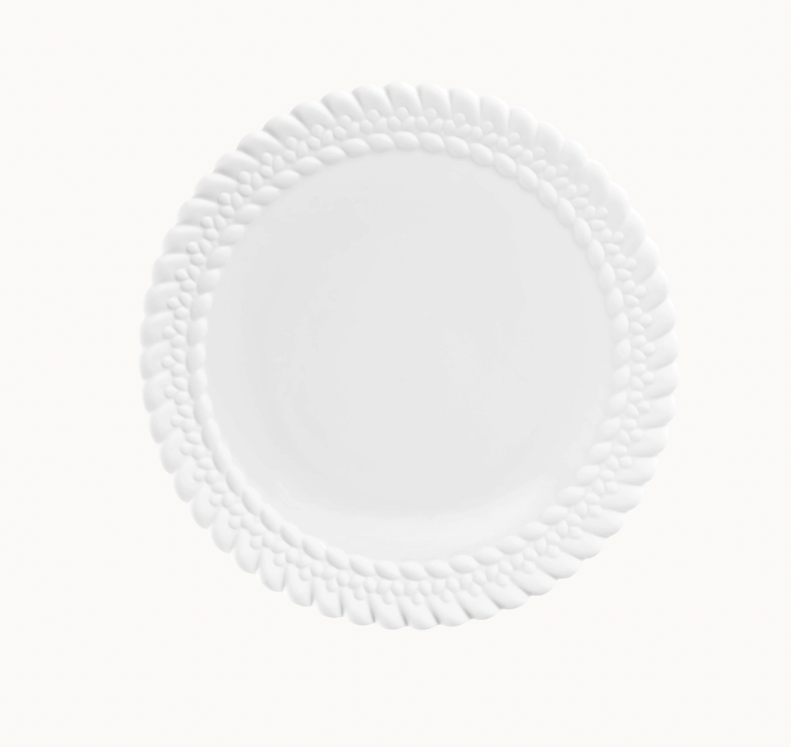 The Babylone Dinnerware by Christofle is a white porcelain dinner plate from France, featuring a textured braided rim, shown on a plain white background.