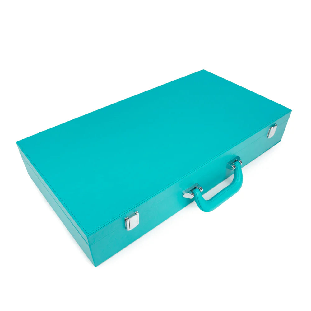 The Brouk & Co Ellen Mahjong Set features a closed, rectangular teal vegan leather briefcase with a matching handle and silver latches, shown on a white background.