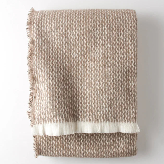 A Soft Idea Four Sided Pinstripe Fringe Throw in beige and white, featuring fringe on all sides, displayed on a white background.