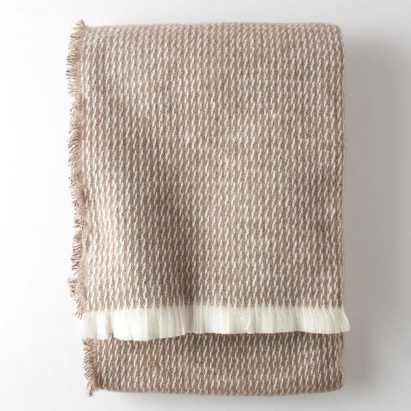 A Soft Idea Four Sided Pinstripe Fringe Throw in beige and white, featuring fringe on all sides, displayed on a white background.