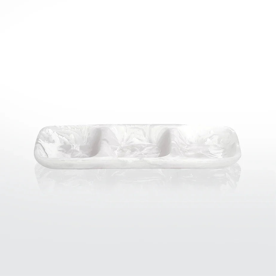 The Nashi Home Swirl Resin Classic 3 Section Tray is a shatter resistant, rectangular serving tray with white marbled food safe resin, three compartments, shown on a reflective white surface against a plain background.