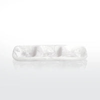 The Nashi Home Swirl Resin Classic 3 Section Tray is a shatter resistant, rectangular serving tray with white marbled food safe resin, three compartments, shown on a reflective white surface against a plain background.