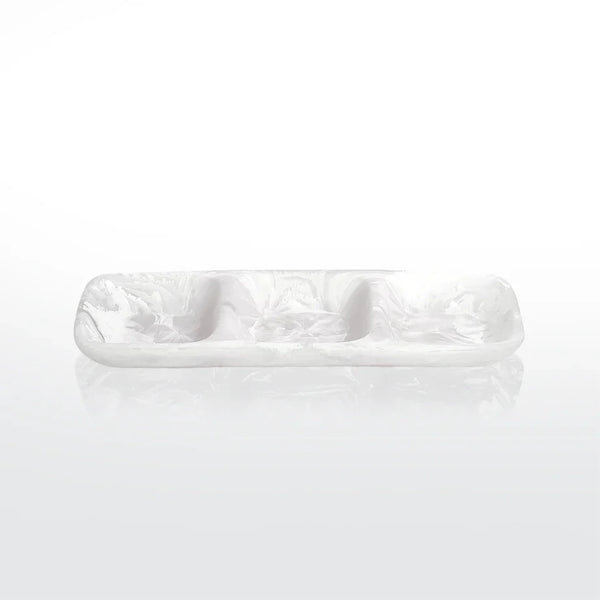 The Nashi Home Swirl Resin Classic 3 Section Tray is a shatter resistant, rectangular serving tray with white marbled food safe resin, three compartments, shown on a reflective white surface against a plain background.
