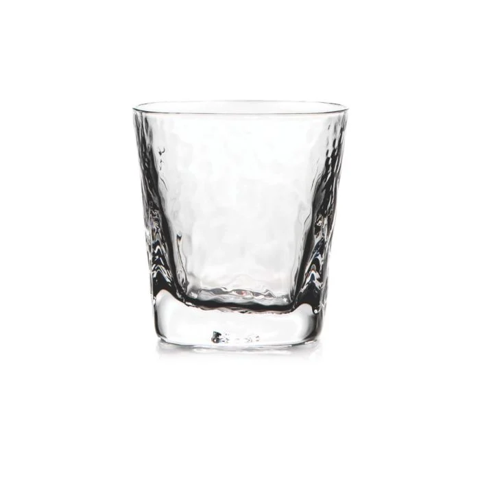 The Simon Pearce Woodbury DOF is a clear, empty Double Old-Fashioned tumbler with a subtly textured, wavy surface inspired by Georgian glassmaking, shown against a plain white background.