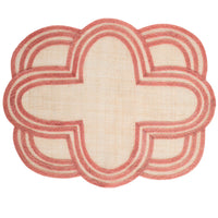 Add charm to your table with the Juliska Scallop Stripe Placemat—featuring a unique scalloped shape and overlapping pink and red stripes on a beige background for a modern touch.