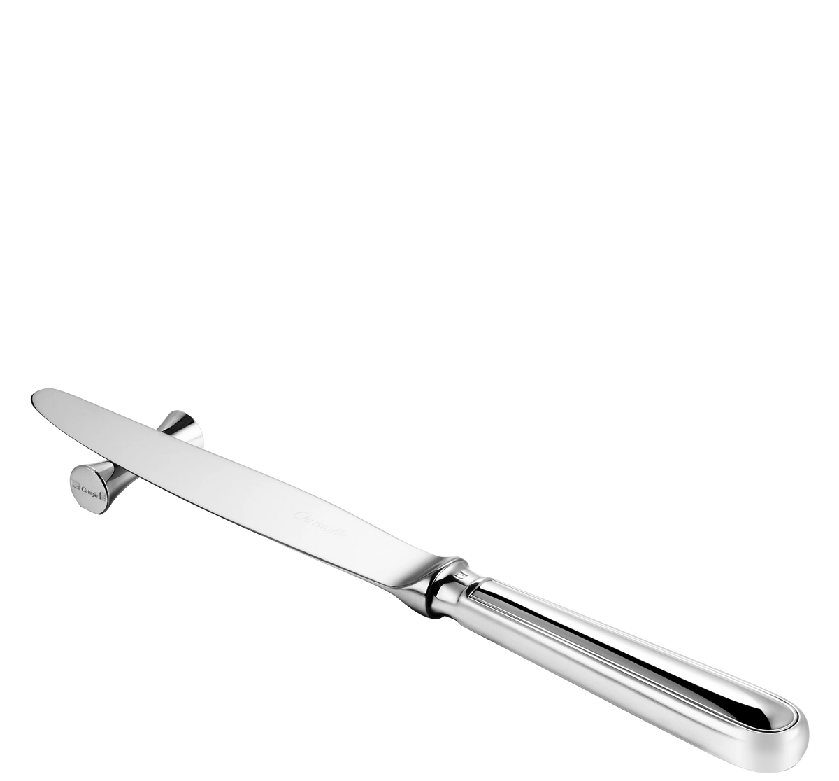 A silver-plated knife from the Christofle Uni Silver Plated Set of 2 Knife/Chopstick Rest collection rests horizontally on a small cylindrical support.