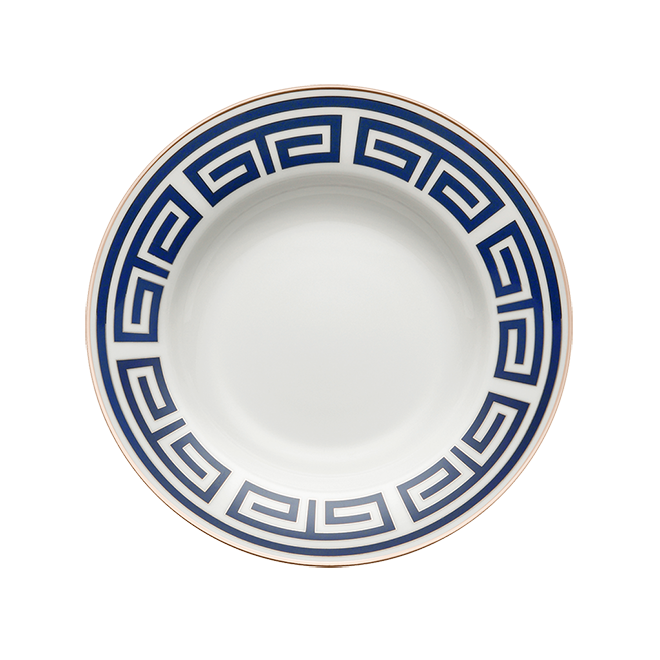 The Ginori 1735 Labirinto Zaffiro Dinnerware plate features a white porcelain base with a blue Greek key motif along the rim and a thin gold edge, displayed from above on a plain white background.