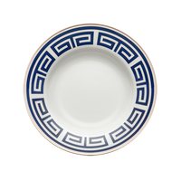 The Ginori 1735 Labirinto Zaffiro Dinnerware plate features a white porcelain base with a blue Greek key motif along the rim and a thin gold edge, displayed from above on a plain white background.