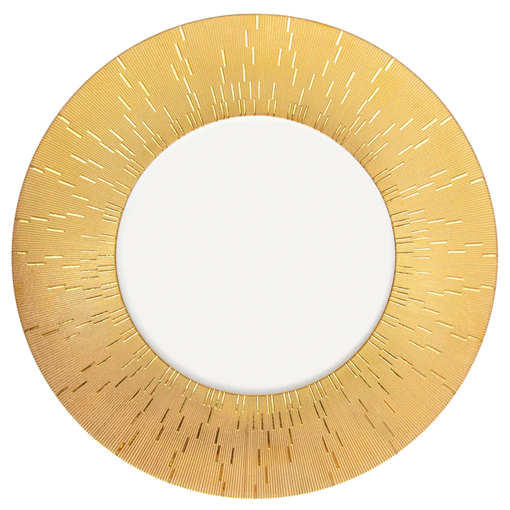 Infini Prestige Gold Dinnerware by Haviland features a wide, gold textured rim with radiating lines for a sunburst effect. Part of the Infini collection, this elegant dinnerware adds modern sophistication to any table setting.